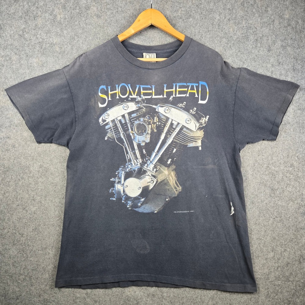 Vtg 90s CMJ Shovelhead Shirt Mens L Faded Black Harley Hog Wild Albany GA Grunge